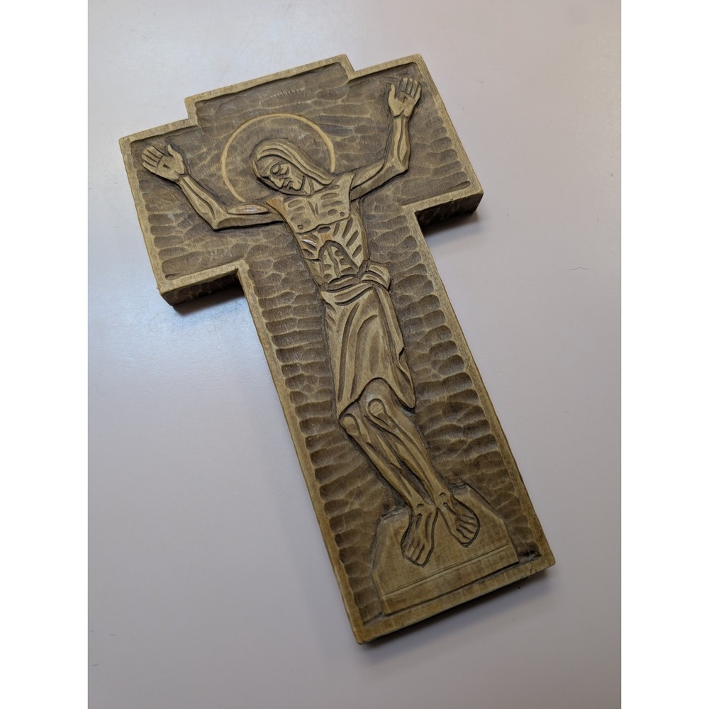 Vintage Ars Liturgica Maria Laach Modernist Carved Wooden Oak Crucifix Cross Jes
